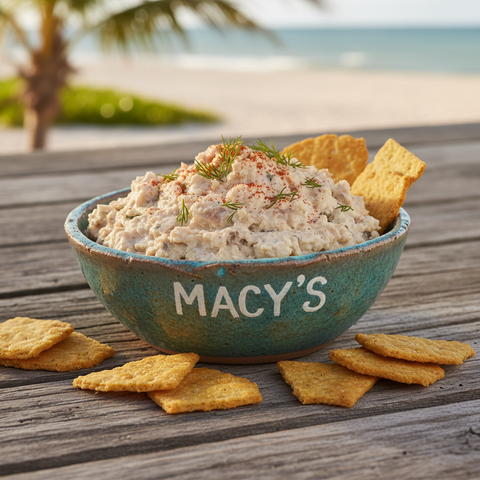 Macy's Smoked Fish Dip served with crackers on a coastal wooden board