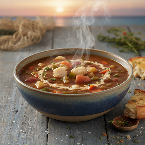 Steaming bowl of fresh conch chowder with chunks of conch and vegetables in a rich broth