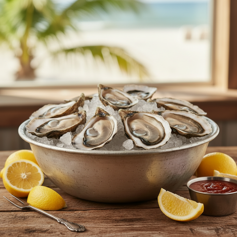 Fresh Gulf oysters on the half shell on crushed ice with lemon wedges and cocktail sauce