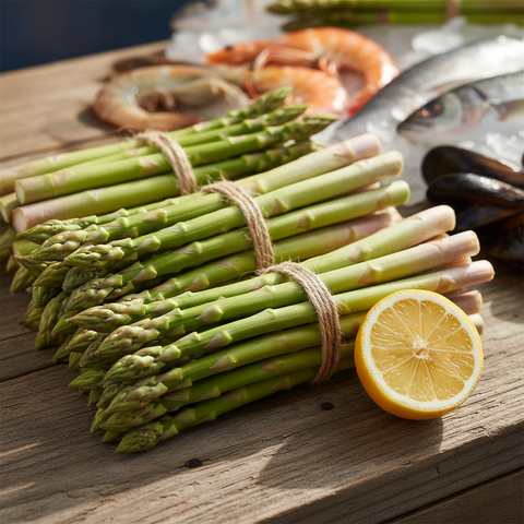 Fresh green asparagus bunches on a rustic wooden surface with lemon wedge
