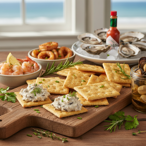 Captain Wafers crackers arranged on a rustic board with smoked fish dip and fresh herbs