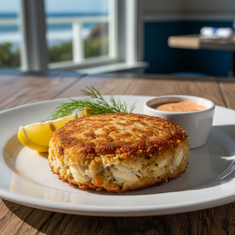 Golden pan-seared crab cake with lemon wedge, dill, and remoulade sauce