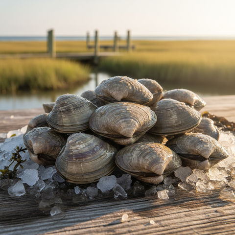 Fresh northern hard clams from Cedar Key, Florida on crushed ice