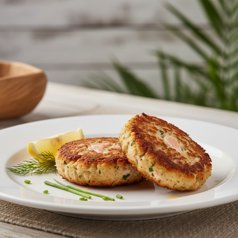 Golden pan-seared snapper cakes with lemon wedge and fresh herbs
