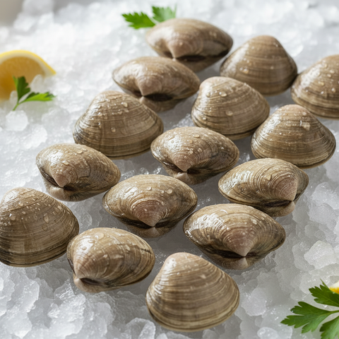 Fresh live hard clams on a bed of crushed ice